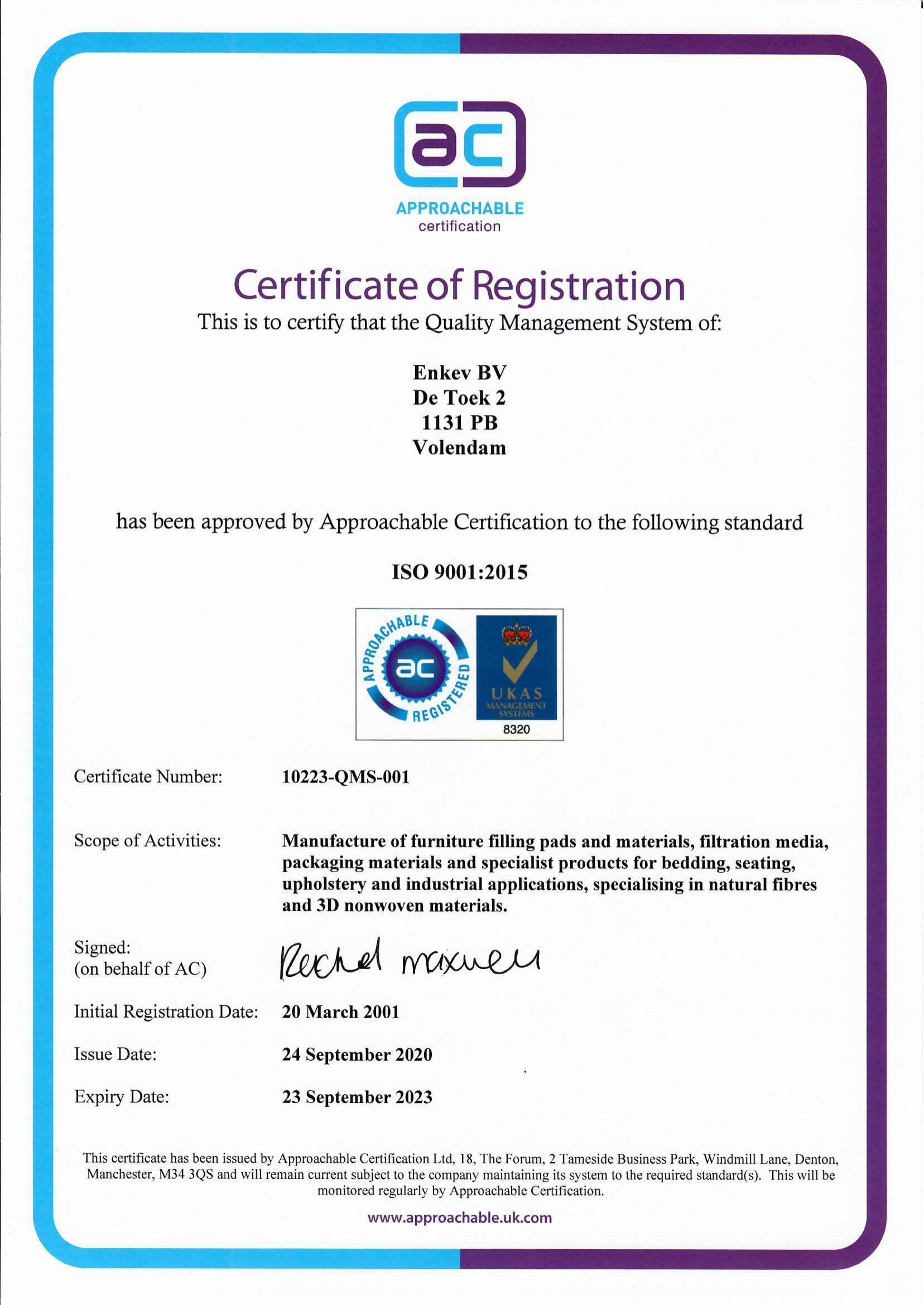 Certificate 9001 Enkev BV